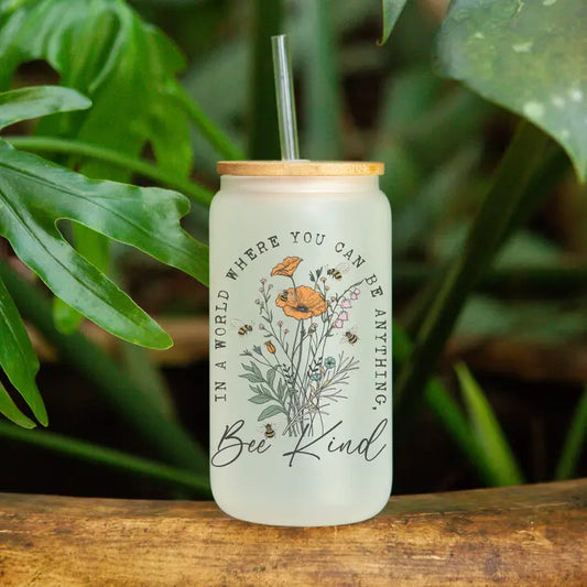 "Be Kind" 20 oz. Frosted Can Glass with Bamboo Lid and Straw